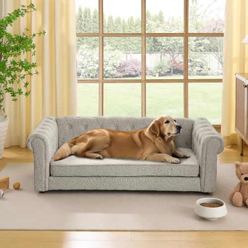Dog Sofa Couch for Medium to Large Dogs 55 Memory Foam Pet Sofa Couch with Washable Fabric Durable Elevated Dog Bed with Legs Removable Cushion for Medium and Large Dogs Beige