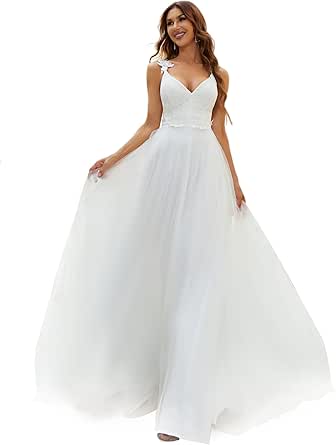 Ever-Pretty Robe de Mariée pour Mariage Longue Femme A-Line Col V sans Manche en Dentelle Mousseline EH00216-P