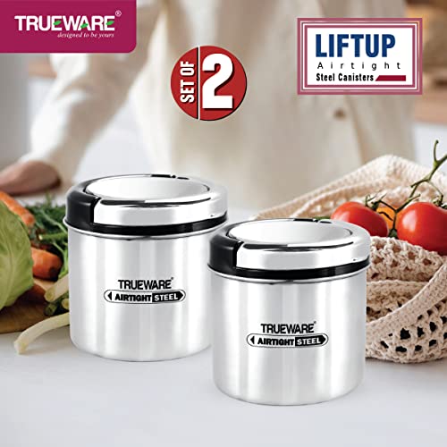 Image of Trueware Stainless Steel Lift up Tea Coffee Container | Set of 2 |Sugar Coffee Container| Air tight | BPA Free | 100% Stainless Steel | Odour Proof | Kitchen Storage (500 ml)