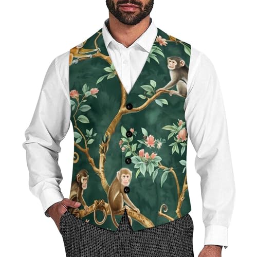 Monkeys on Branches Flowers Novelty Men's Suit Vest Funny Formal Dress Vests Business Waistcoat