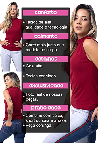 Blusa Regata Básica Vicbela Gola Alta Canelado Manga Curta (Vermelho, M)