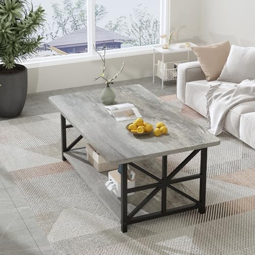 Image of AWQM Gray Coffee Table for Living Room with Round Corners, 2 Tier Living Room Table with Storage Shelf,Rectangular Coffee Table Center Table for Small Spaces,Easy Assembly