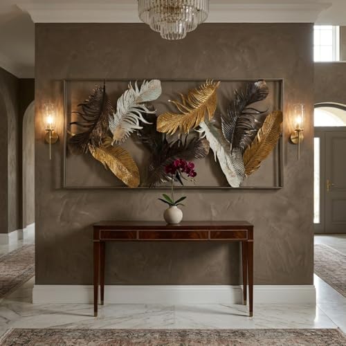 Image of Large 3D Metal Wall Art for Living Room - Framed Feather Wall Showpiece - Modern Sofa Back Wall Decoration Items & Aesthetic Bedroom Wall Hanging Decor - Big Size Home Interior Frame (Gold & Black)