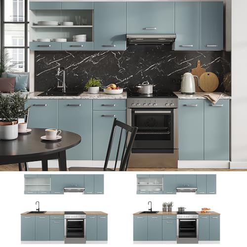 Vicco Küchenzeile Raul, Blau-Grau/Weiß, 240 cm ohne Arbeitsplatte