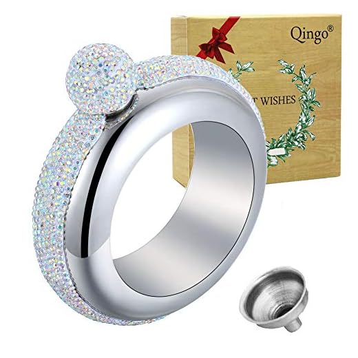 Qingo Bracelet Flask Bangle Flasks Creative Stainless 304 Steeland Hip Flask Funnel Set For Women 3.5 oz (Sliver With Rhinestones Lid)