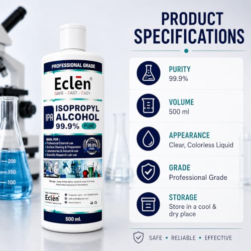 Image of ECLEN Isopropyl Alcohol 99.9% IPA | High Purity Isopropyl Rubbing Alcohol for Electronics Cleaning, Laboratory, Industrial, Surface Preparation & Technical Use (500ml)