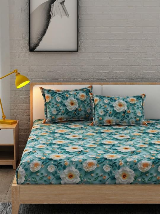 Image of 350 TC Premium Heavy Cotton Feel Elastic Fitted Bedsheet King Size with 2 Pillow Covers || Double Bed with All Around Elastic (Sly Blue7D, Fitted - 72 inchx78 inch King)
