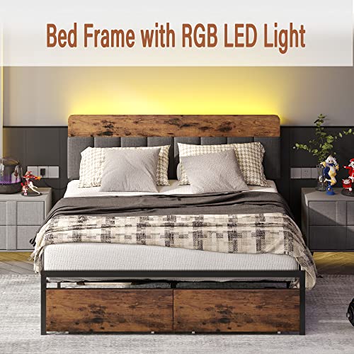 image for LIKIMIO Full Bed Frame with Storage Headboard, Drawers, LED Light, Cha