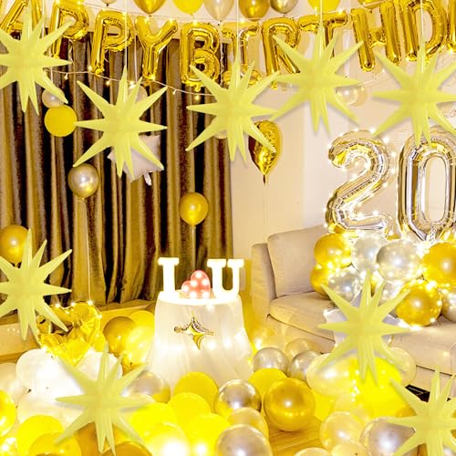 Image of TONIFUL 4 Pcs Explosion Star Balloons Pastel Yellow Foil Party Balloon | Large Mylar Star Balloon for Sunflower Girls' Birthday Bridal Shower Baby Shower Spring Lemon Garden Picnic Party Supplies