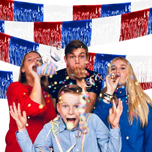 Image of 4th of July Decorations 4 Pack Tinsel Foil Fringe Garland Curtains Streamers Hanging Red White Blue Fringe Backdrop Banner for Parade Floats Decorations 4th of July America Patriotic Day Memorial Day