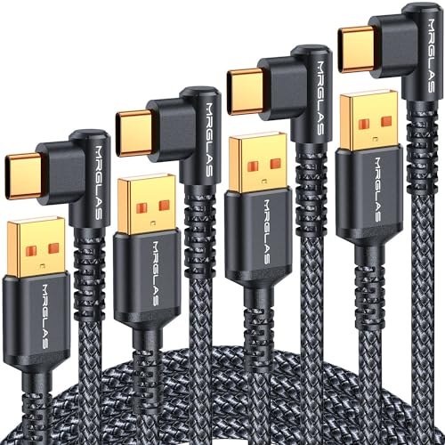 Image of MRGLAS 3.2A USB C Charger Cable,[4-Pack,10+6.6+3.3+1.6FT] USB A to USB C Right Angle Gold-Plated Type C Charger Fast Charging Durable Braided Cord for iPhone 17 16 15 Samsung S10 Note 10 S21 LG-Black