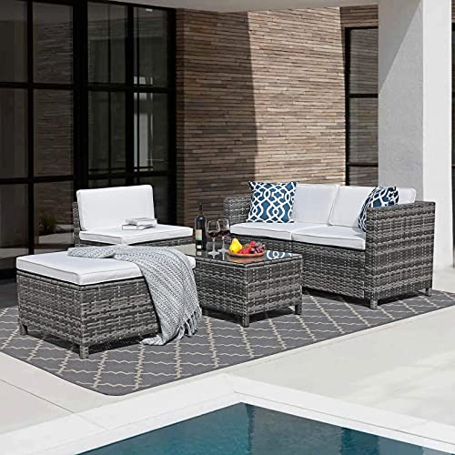 Joivi Patio Furniture Sets, 5 Pieces All-Weather Outdoor Sectional Sofa Grey Wicker Rattan Patio Conversation Set With Ottoman, Washable White Cushions And 2 Blue Pillows #TOP3