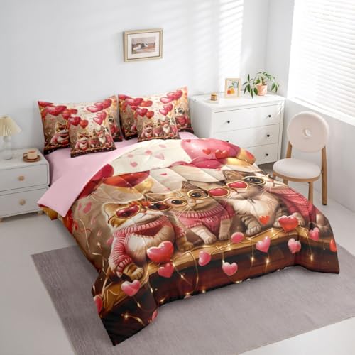 Image of Cute Cats Twin Comforter Set Pink Heart Balloons Decor Bedding Sets Valentine's Day Romantic Lovely Kitty Bedroom Decor Comforter,Flat Sheet,Fitted Sheet,2 Pillowcases,2 Pillow Covers,7 Pieces