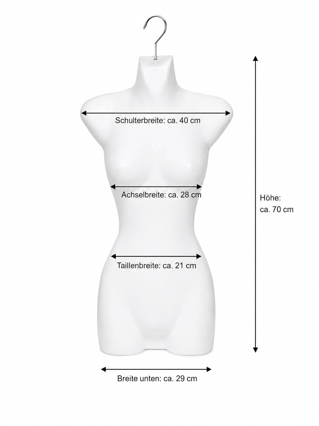 3er Set Torso Weiblich - 70 cm Damentorso aus Kunststoff - Oberkörper Halbplastik in Farbe weiß - Mannequin Büste - Halbplastischer Damenbody - Puppe Figur Kunststofftorso Schaufensterpuppe mit Haken