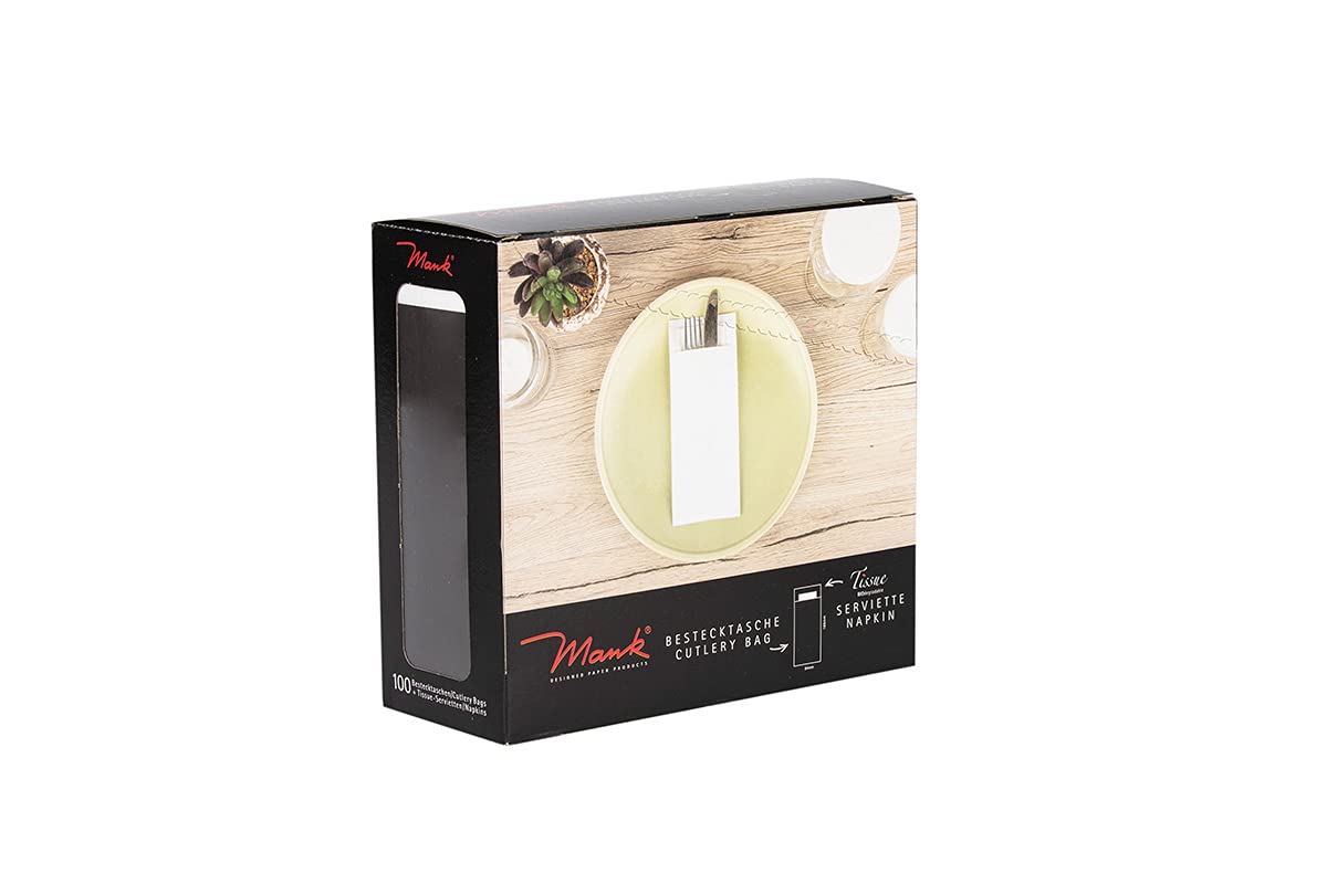 Mank Papier Bestecktasche 85 x 200 mm mit 2-lagiger Tissue Serviette in Weiß Besteckhülle Besteckbeutel in verschiedenen Farben (Schwarz, 500)