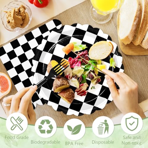 Image of 75 Pcs Black Checkered Paper Plates and Napkins&Forks for Party, 7inch