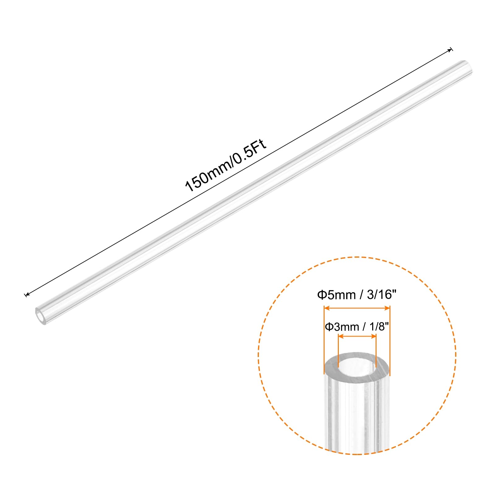 QUARKZMAN Tubo Rigido Rotondo Trasparente 3mm(1/8") ID x 5mm(3/16") OD x 0.5Ft(150mm) Lunghezza Tubo in Plastica