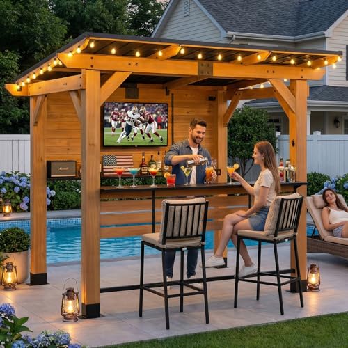 CHARMELEON Cedar Wood Entertainment Bar Center 6 x 8 FT Wood Gazebo Bar Including Metal TV Mount & Serving Bar & Paper Towel Holder& Bottle Opener Outdoor Grill Gazebo for Patio Garden