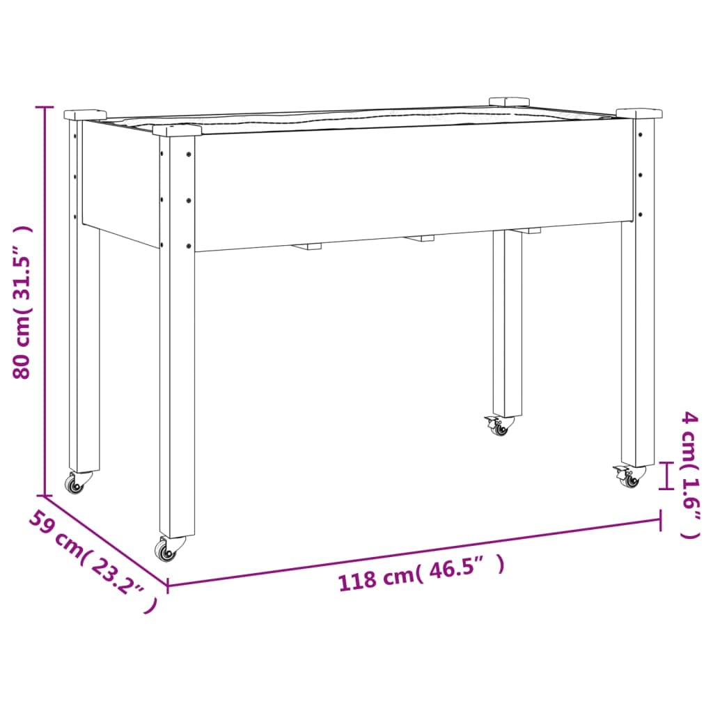 Donica na kółkach z wyściółką brązowa 118x59x80 cm lite drewno jodłowe podwyższona skrzynia ogrodowa mobilna duża pojemność na balkon taras ogród
