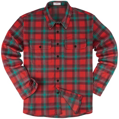 Image of KYKU Mens Flannel Shirts Soft Long Sleeve Button Down Shirt, Double-Sided Plaid Print, Regular Stretch, Two Pockets, Red Teal Plaid Flannel Shirt for Men, Large