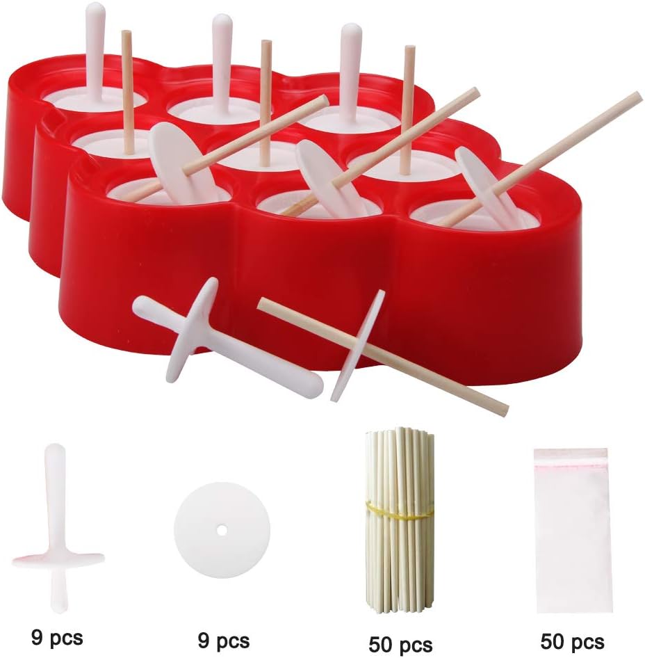 Wellood Mini Pop Molds, 9 Miniature Popsicle Molds with Sticks and Drip-Guards, Easy-Release BPA-Free Silicone(with 50 Popsicle Sticks 9 Stick Holders and 50 Popsicle Bags)
