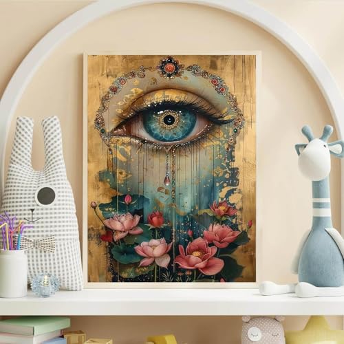 Diamond Art Kits for Adults Beginner, 3 Pack Eye and Lotus DIY Modern Diamond Painting Kits 5D Diamond Dots Gem Art Crafts with Tools,Round Full Drill Funny Crafts for Home Wall Decor&Gift-12X16 inch