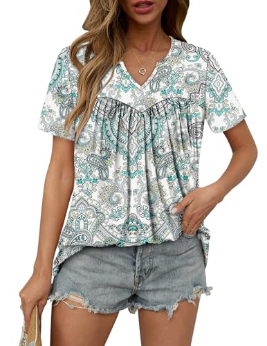 KISSMODA Tops for Womens Summer Cute Short Sleeve Shirts Trendy Notched Neck Blouses Casual Loose Pleated Tunics S-3Xl