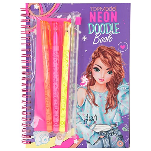 Depesche 11932 TOPModel Neon Doodle - Malbuch-Set mit 35 dunklen Seiten zum Ausmalen und Gestalten vieler Motive, Mal-Heft mit neonfarbenen Motiv-Outlines, 3 Neon Gelstiften und 1 Sticker-Bogen