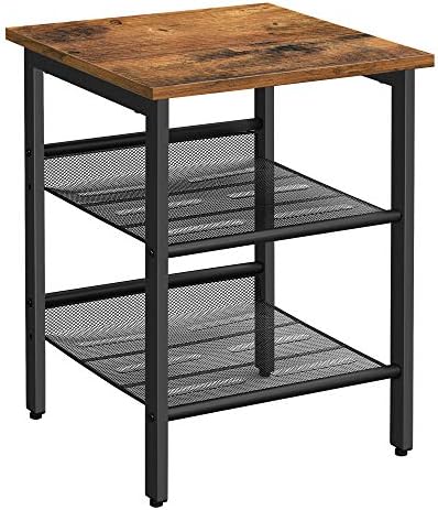 VASAGLE Side Table, Nightstand, End Table with 2 Adjustable Mesh Shelves, Easy Assembly, Industrial for Living Room, Bedroom, Stable Steel Frame, Rustic Brown and Black LET23X
