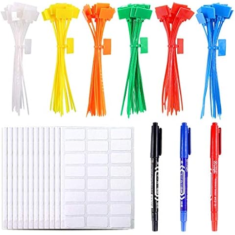 Glarks 150-Pieces 6 Colors 6 Inch Nylon Cable Marker Ties Self-Locking Cord Tags Write on Ethernet Label Wire Straps with 3 Marker Pens and 288pcs White Cable Labels for Home and Office Use Cover