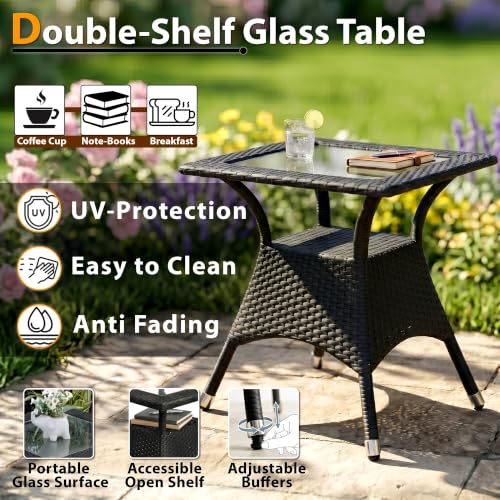 Image of BRISHI 3-Piece Outdoor Rattan Wicker Patio Square Coffee Table Set | Garden Furniture for Balcony, Terrace, Poolside & Porch | Waterproof Bistro Sets for Home & Backyard (Black)