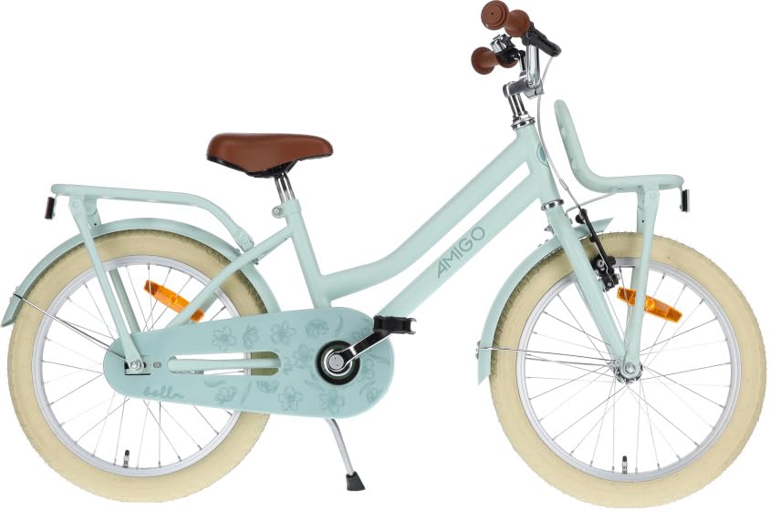 AMIGO Bella – Bicicleta infantil para niña – 18 pulgadas – con freno de mano, contrapedal, acolchado para manillar y ruedas estabilizadoras – a partir de 6 – 7 años – verde