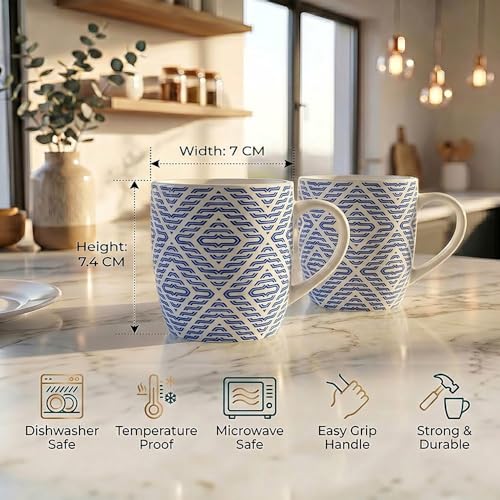 Image of U.P.C. Contemporary Geometric Blue Line Bone China Mug Set of 6, Stylish Tea Coffee Cups for Dining & Kitchen