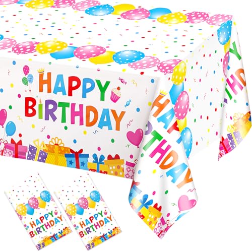 WNINK 2 Pack Happy Birthday Plastic Tablecloths 54108 Inch Disposable Waterproof Birthday Party Table Covers Colorful Polka Dot Rectangle Tablecloths for Kids Boys Girls Birthday Decorations
