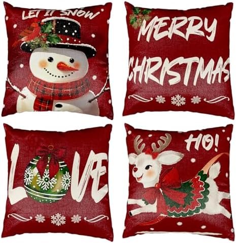 Christmas Decorations Christmas Pillow Covers 18 x 18 Inches Set of 4 Winter Decorations Xmas Series Throw Pillow Covers for Farmhouse Home Bedroom Sofa Couch Outdoor Holiday Decor (07)