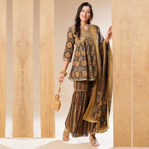 Image of Globus Women Kurta Sets (3641921001 Olive XS)