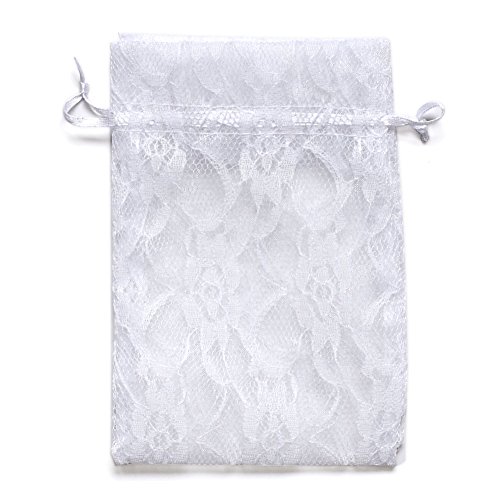 Ling's moment 50pcs White Lace Gift Bag Organza Drawstring Favor Pouchse Wrap for Wedding Party Gift Favor Bags