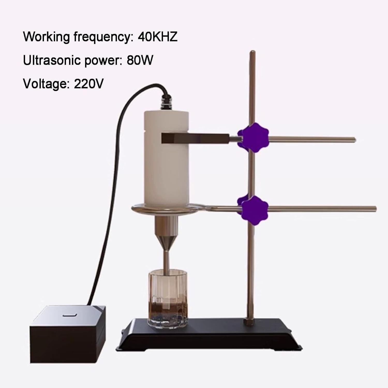 Homogeneizador ultrasónico pequeño de laboratorio, mezclador disruptor de células con procesador sonicador de 80 W, frecuencia de trabajo 40 KHZ, con soporte, altura ajustable, funcionamiento 300 S