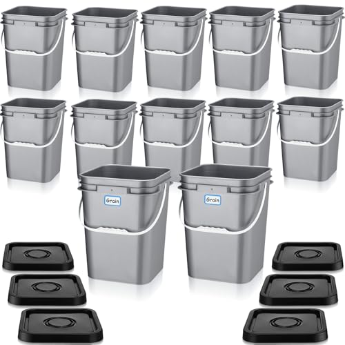 Vesici 12 Pcs 5 Gallon Square Bucket Pail with Plastic Handle and Lid Heavy Duty Storage Food Container with DIY Label Sticker for Food Multipurpose Paint Water Crafts Project(Gray)