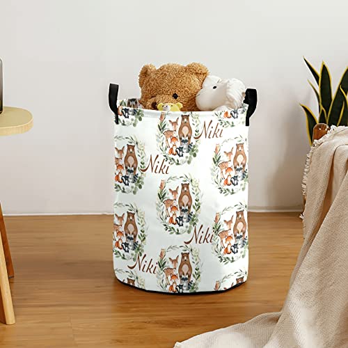 Greenery Woodland Forest Animals Laundry Hamper Personalized With Name Canvas Waterproof Storage Bin With Handle For Kids Nursery Hamper Gift Baskets Home Organizer #TOP2