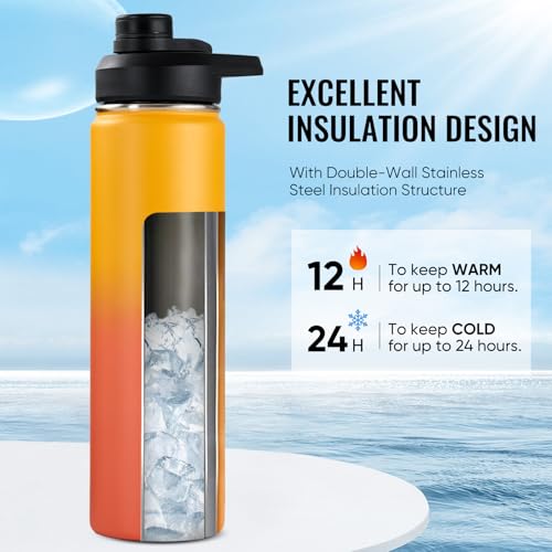 Image of Fijinhom Insulated Water Bottle with Handle, 304 Stainless Steel Water Bottles with Wide Mouth, Double Wall Vacuum Sports Water Bottle, BPA Free, Keep Cold and Hot, 24 Ounces, Yellow&Orange
