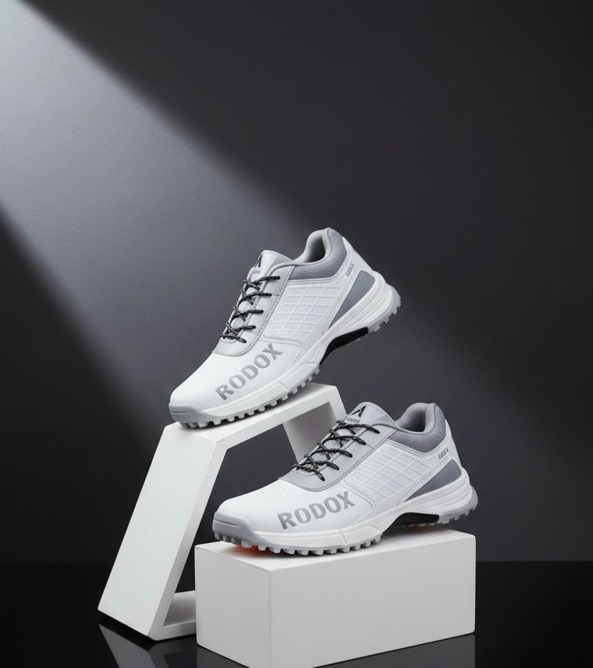 Image of RODOX Cricket Shoes with TPU Shank Rubber Outsole with Multidirectional Grip White Grey