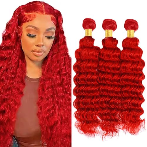 Red Bundles Human Hair Deep Wave Bundles 26 28 30 Inch 3 Bundle Unprocessed Brazilian Virgin Hair Burgundy Deep Wave Human Hair Extensions 50 Gram Per Bundle