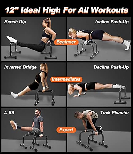 Push Up Bar, 12 Inch High Non-Slip Parallettes Bars & Dip Bars With Foam Handles, Heavy-Duty No Wobbling Calisthenics Equipment For Handstand, L-Sit, Gymnastics, Strength Training Home Gym Use