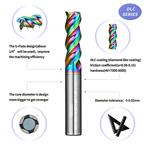 Image of Tools DLC Series Carbide Square End Mill, Diamond-Like Coating, End Mill for Aluminum, Copper, Magnesium Alloys, High Silicon Aluminum, Composite Materials, 3 Flute, Inche Size(1 /4 inch, 5pcs)