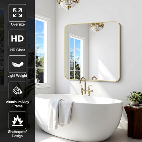Image of Gold Bathroom Mirror, 42x42 Inch Metal Framed Square Mirror, Rounded Corner Gold Vanity Mirror, Large Wall Mounted Mirrors for Living Room Bedroom Entryway Hangs Horizontal or Vertical