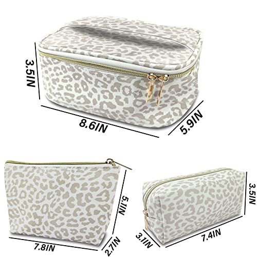 3Pcs Makeup Bag,Travel Makeup Bag,Makeup Bags for Women,Makeup Brush Bag,Large Capacity PU Cosmetic Bag,Waterproof and Durable-Grey White Leopard Cheetah Pattern2