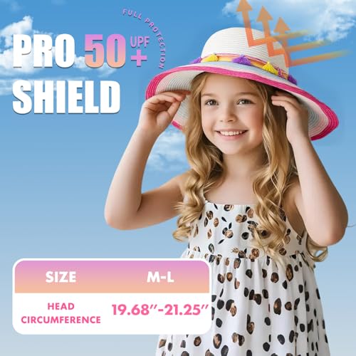 PinkSheep Girls Sun Hat,Cute Summer Straw Beach Hat for Toddler Kids with Wide Rainbow Brim & Tassels - UPF 50+4