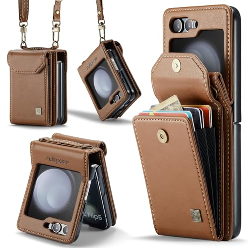 XIMAND for Samsung Galaxy Z Flip 6 Accordion Crossbody Wallet Case, RFID Blocking Card Holder Slots Retro PU Leather Strap Wristlet with Magnetic Closure .Brown