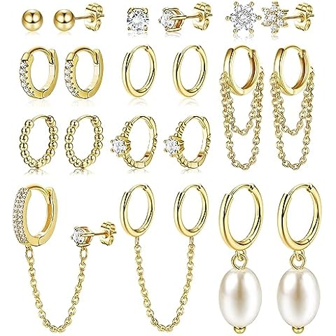 HAIAISO 10 Pairs Small Gold Huggie Hoop Earrings for Women Lightweight Double Piercing Chain Earrings 14K Gold Plated Dainty Ball Stud Earrings Hypoallergenic Gold Earring Set Cover